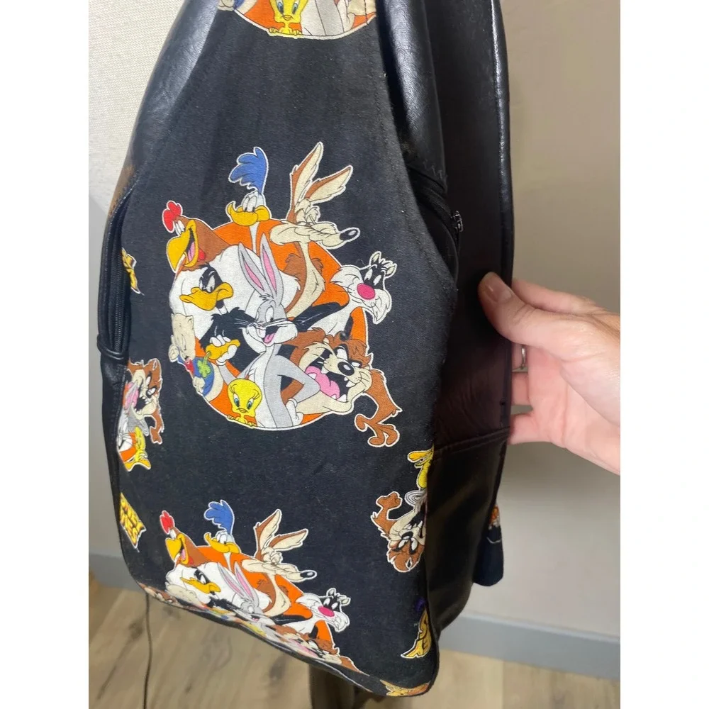 Vintage 90s Looney Tunes Leather Sling Backpack Bugs Bunny Tasmanian Devil Black